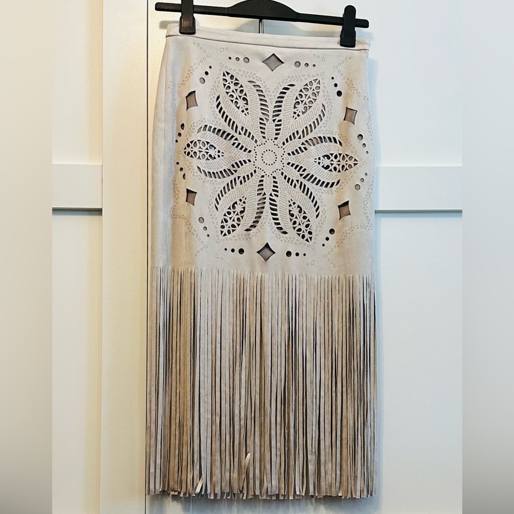 IMPERIAL Skirt Cowgirl Sexy Deep Fringe Cutouts Tan Microsuede Lined Sz S